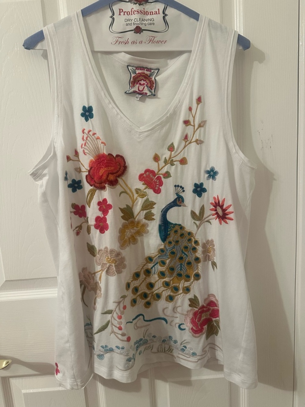 Johnny Was white Embroidered Peacock Tank Top
